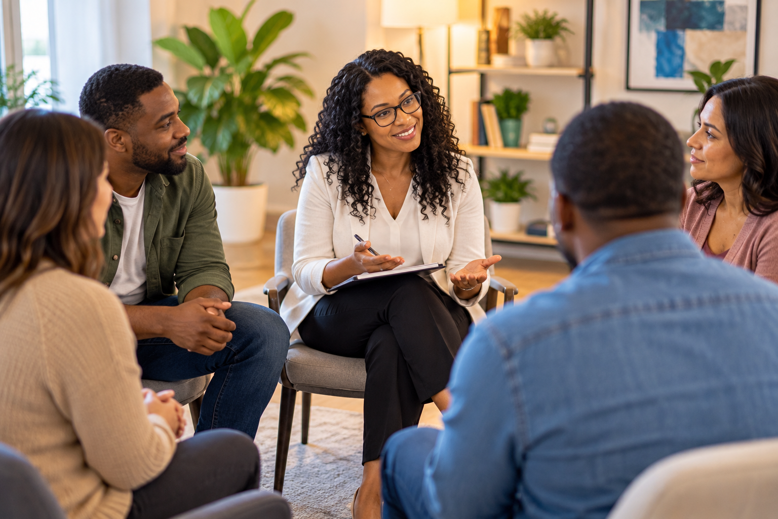 Mental health professional facilitating a group therapy session